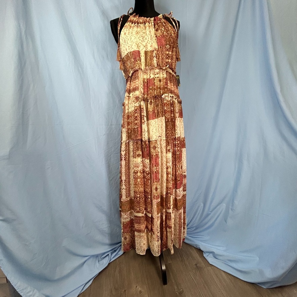 Taylor Maxi Dress Womens 8 Rug Patchwork Tiered‎ Spaghetti Straps Cottage Retro